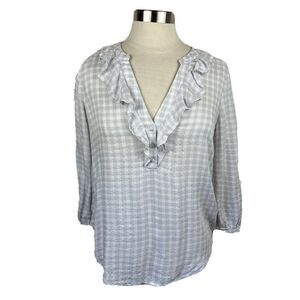 Paige Blouse S Womens Gray White Check Ruffles V Neck Rayon Blend 3/4 Sleeves